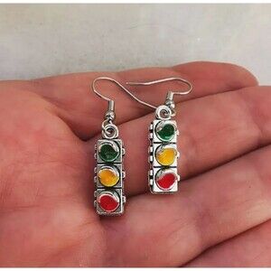 Stop Light Earrings Silver Dangle Red Green Yellow